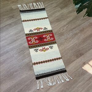 Scandinavian norwegian handvowen tablerunner wool pattern grey red Norway signed